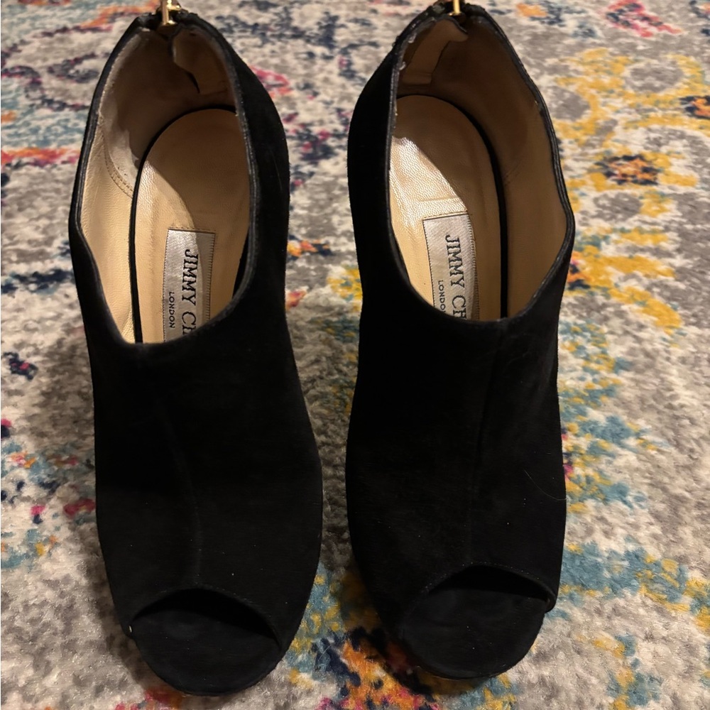Jimmy Choo black suede peep toe booties